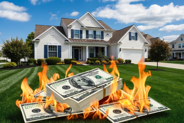 Single Family Home with a Pile of Money Burning in the Front Yard
