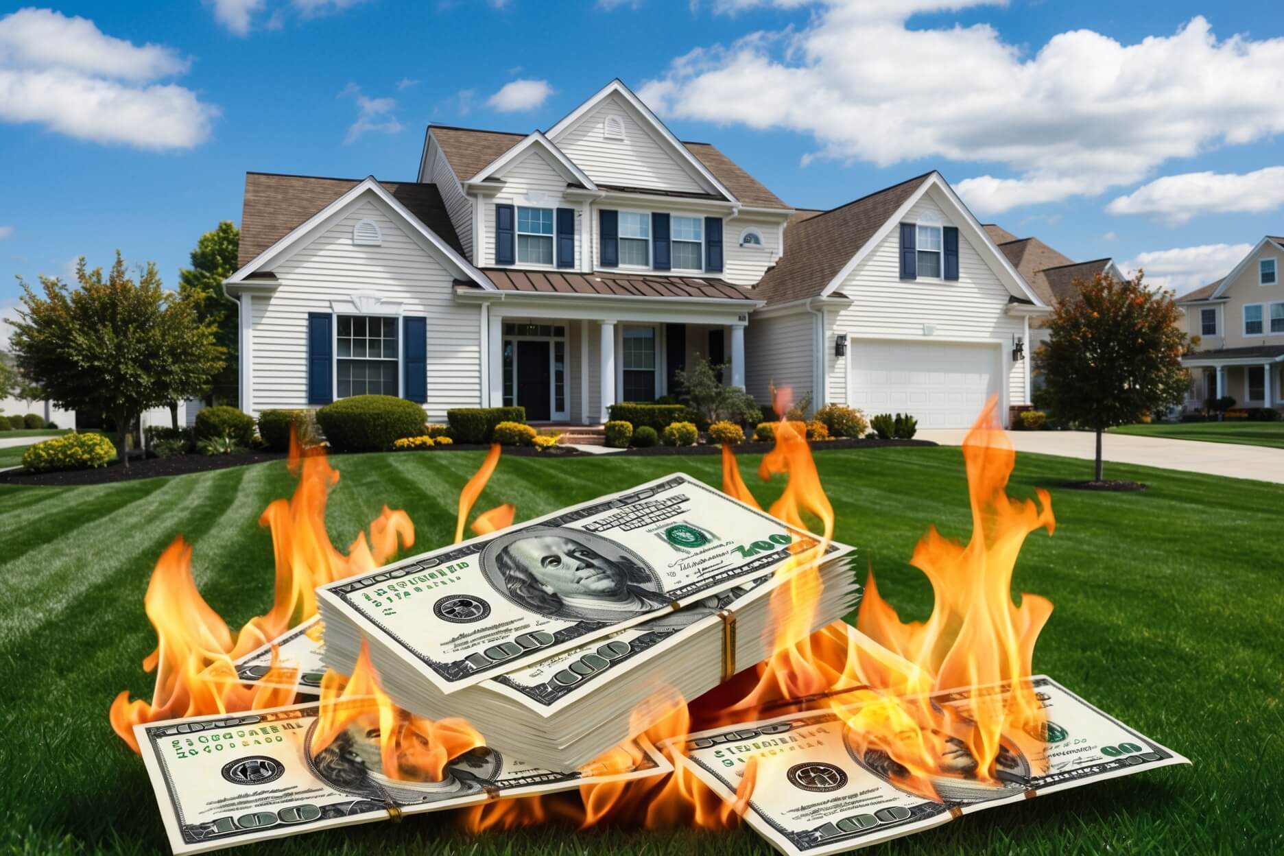 Single Family Home with a Pile of Money Burning in the Front Yard