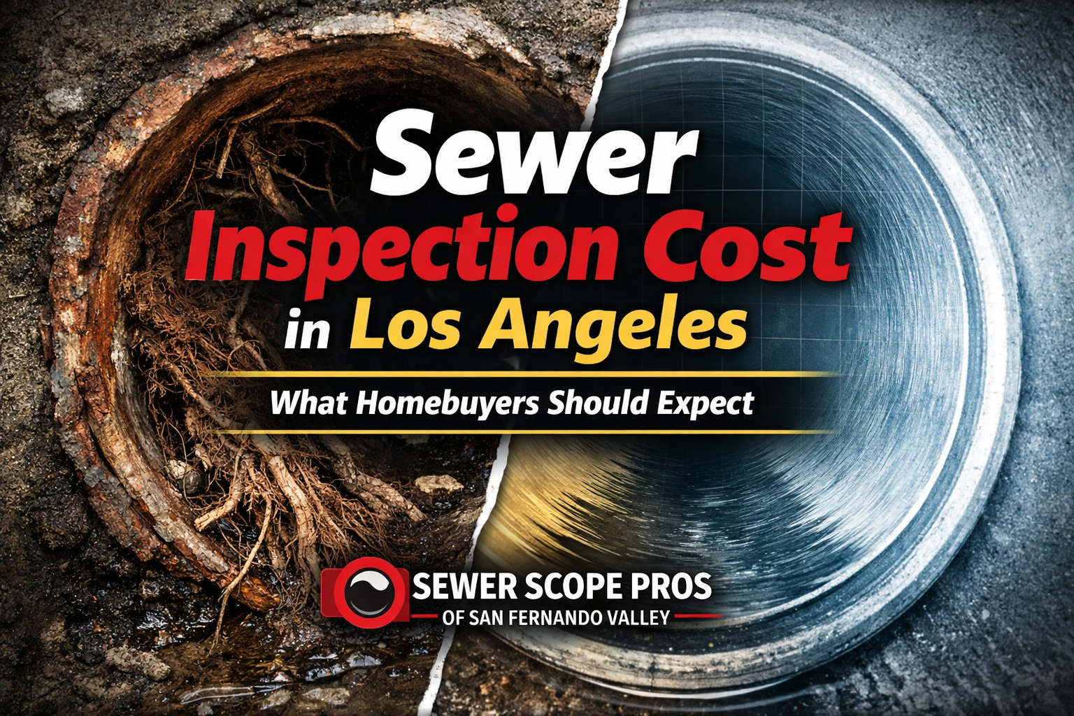 Sewer line inspection cost in Los Angeles showing root intrusion vs clean pipe comparison